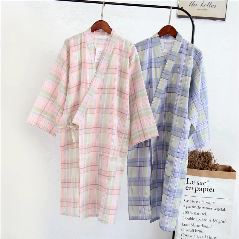 Plaid Japanese Kimono Robe Cotton Yukata Women Bath Robe Soft ...