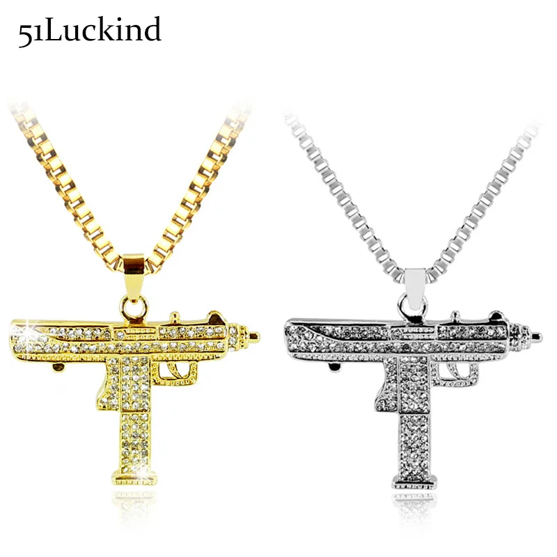 

Punk Gold Silver Color Uzi Chain Pendant Necklace Luxury CZ Paved Goth Cuban Power Gun Necklaces For Men Hip Hop Gift Jewelry