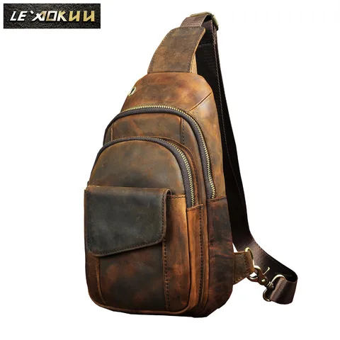 Quente dos Homens de Couro Couro de Cavalo Projeto de um Venda de Cavalo Louco Moda Casual Peito Sling Bag 8 Tablet Ombro Bolsa Corpo Cruz Bolsa Masculino 8013d