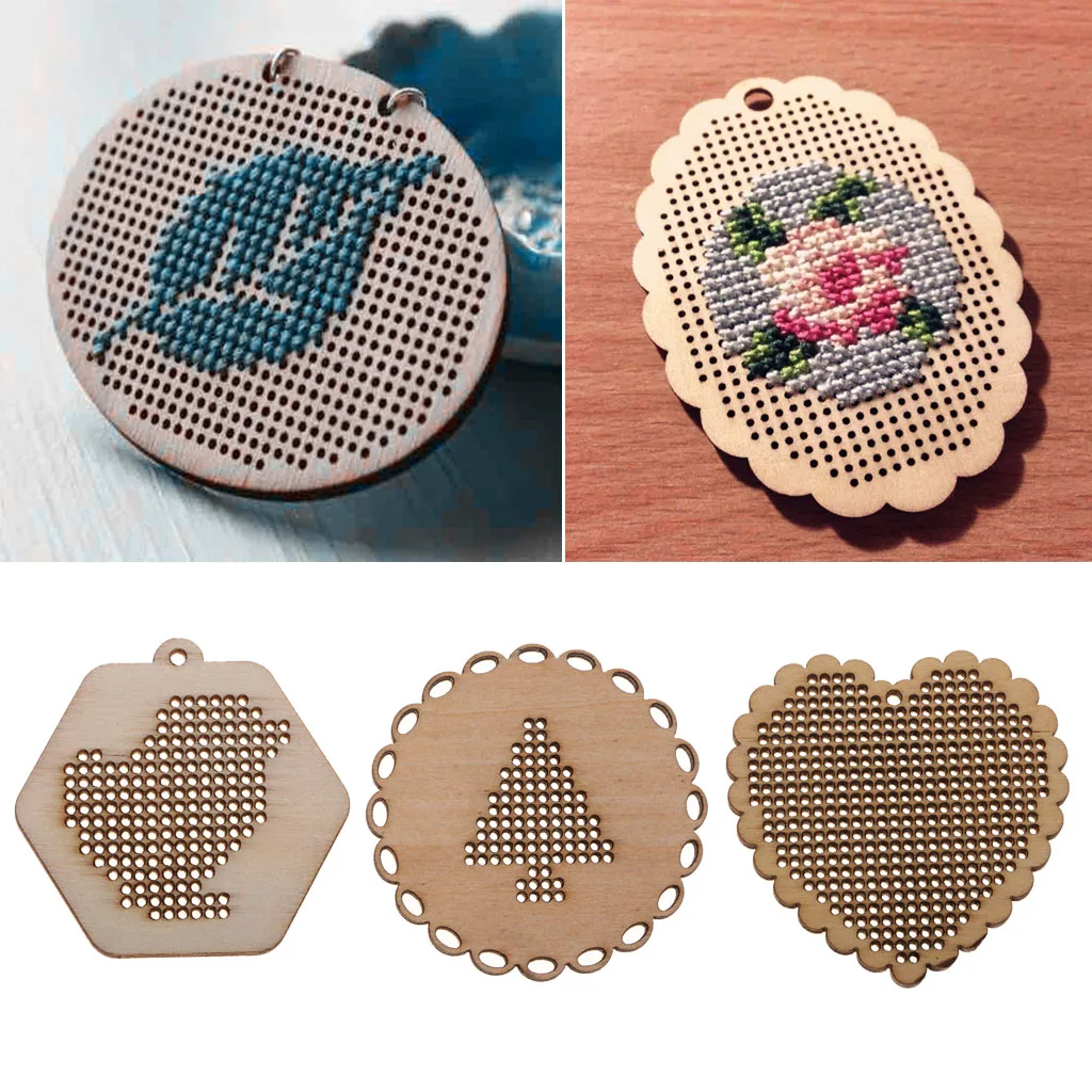 Wood Crafts Small Blank Pendant Charms for Counted Cross Stitch Kit, 3 Assorted Shapes, 5.5cm/5cm