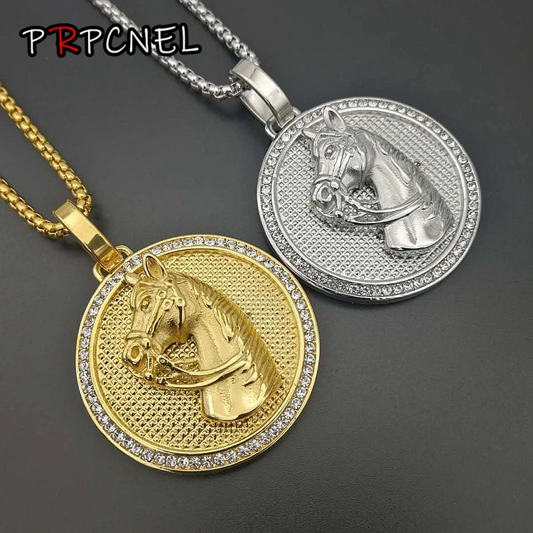 

New 2 color Horse Head Pendants & Necklaces Stainless Steel with zircon Mens Hiphop Fashion with Chain Gold silver Color Jewelry