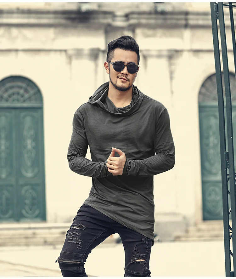 Men Autumn New European Style High Collar Long Sleeve Hooded T-shirt with Cap Men Slim Casual Cotton Irregular T-shirt T908 HTB1. Y6XsrrK1RjSspaq6AREXXaQ - Men Autumn New European Style High Collar Long Sleeve Hooded T-shirt with Cap Men Slim Casual Cotton Irregular T-shirt T908