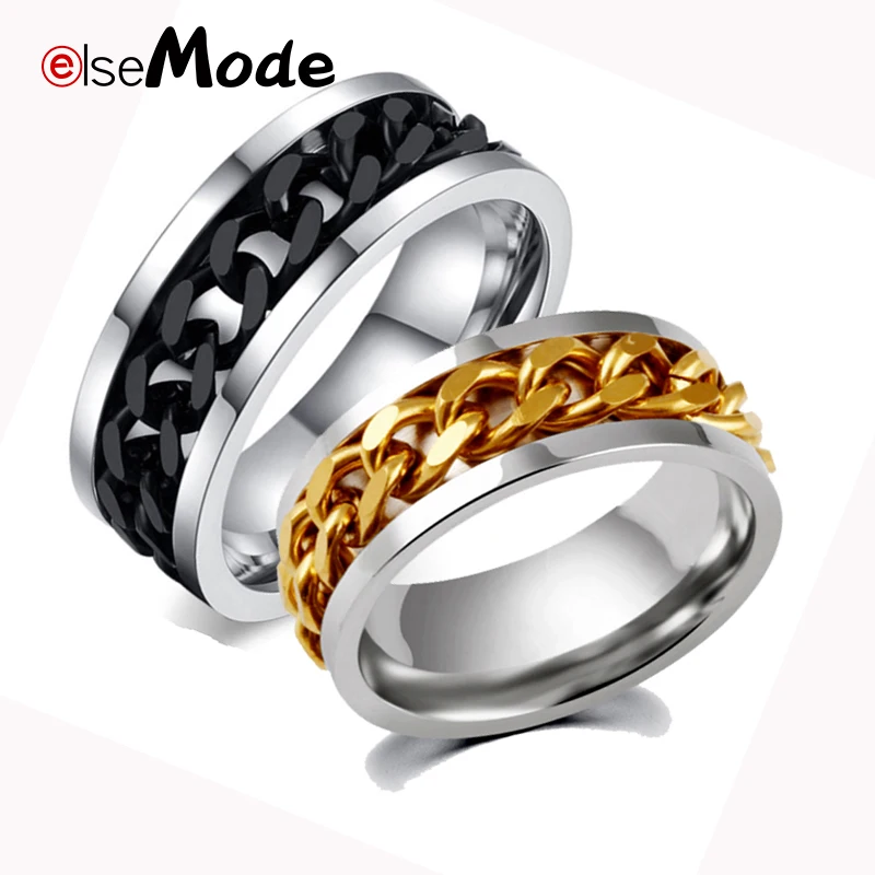 

ELSEMODE Rotable Punk Rock Men Ring Stainless Steel Gold Black Chain Spinner Rings For Women Jewelry 3 Color USA Size 6-11