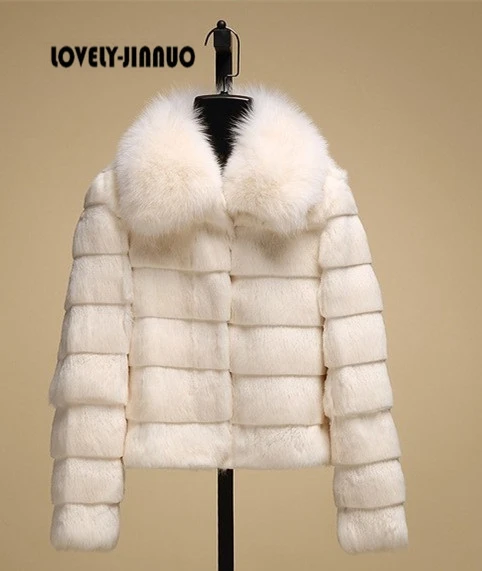 

2019 New real Rabbit Fur Coat with fox fur collar women full pelt fox fur jacket Winter rabbit Fur Waistcoat free shipping F741