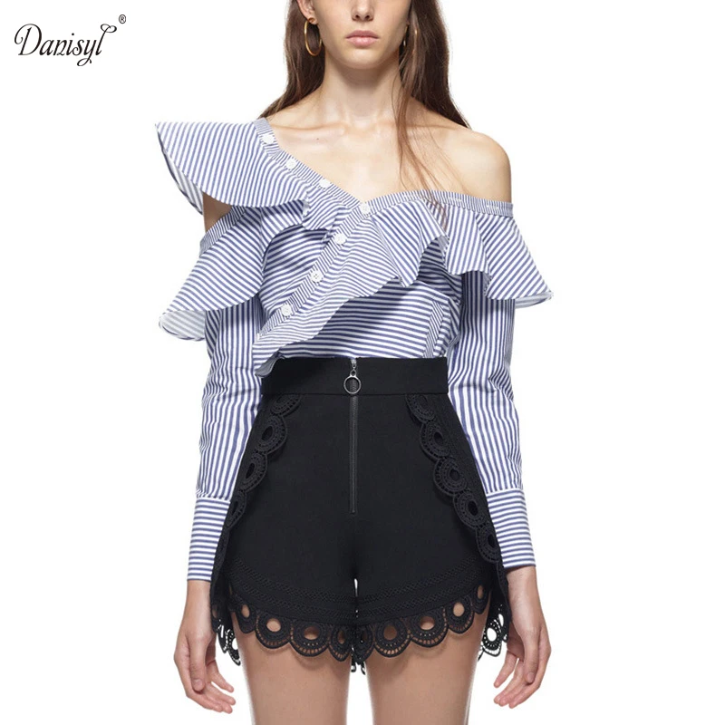 2017 women sexy sloping shoulders irregular cotton shirt long sleeve blue striped shirts casual