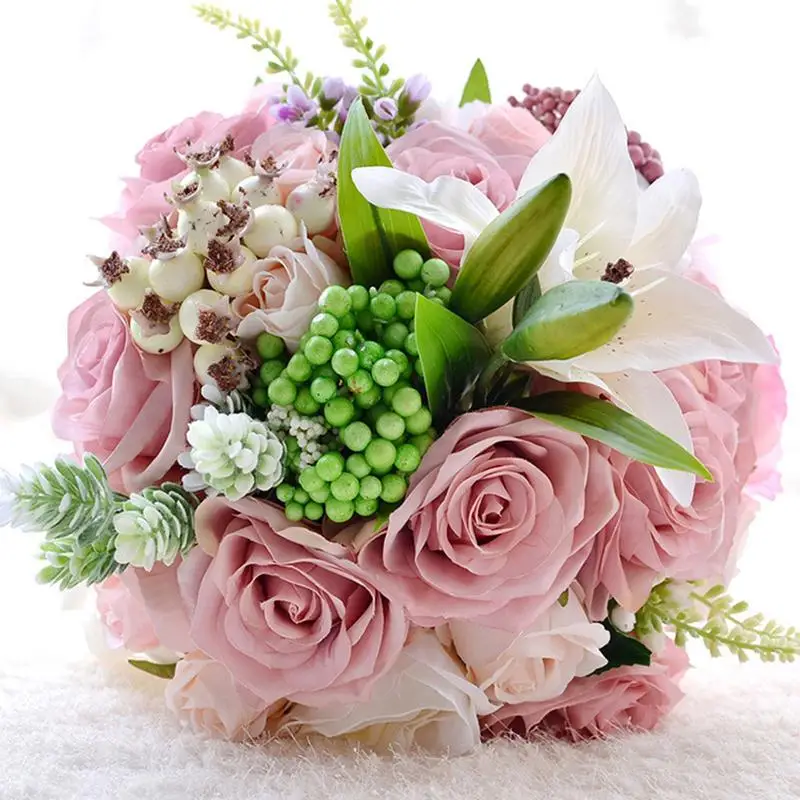 

AUGKUN Beautiful Bridal Bouquets Artificial Dried Flowers Hand Bouquet Pink Silk Roses Shape Simulated Bridal Bouquets Weeding