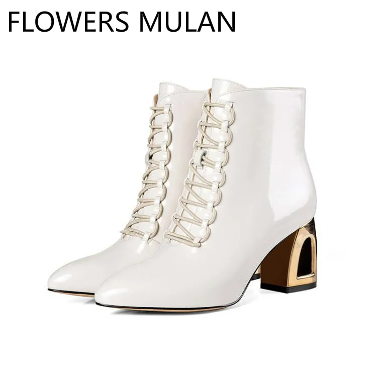 

New Designers Luxury Black White Shiny Patent Leather Ankle Boots For Women Pointed Toe Middle Fretwork Heel Lady Botas Shoes