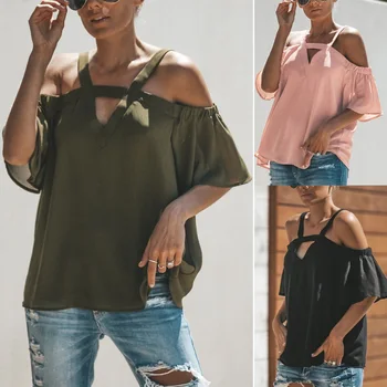 

Women V Neck Loose Off Shoulder Short Sleeve Fashion Tops for Summer Beach Party New
