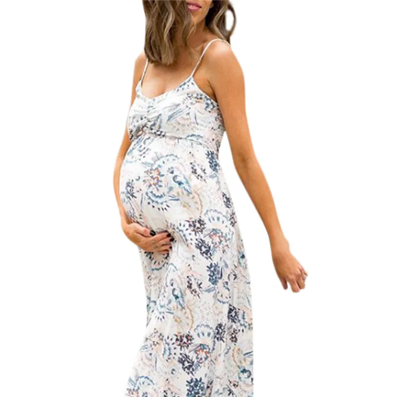 Женское платье без рукавов на бретельках для беременных, шифоновое платье с цветочным принтом, сарафан, сексуальное пляжное платье для