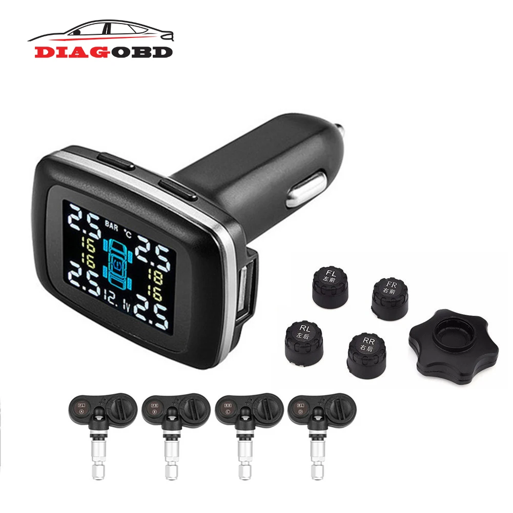 

Cart TPMS Real Time Digital Tire Pressure Monitoring System Wireless Internal / Extenal TPMS Tire Pressure Alarm Car Charger