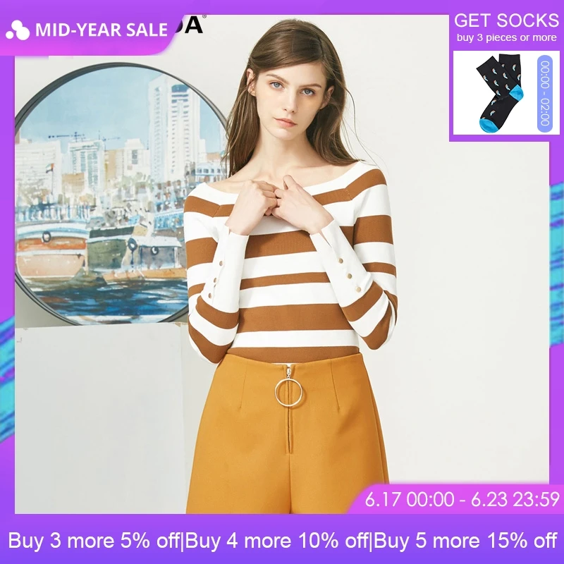 

Vero Moda simple wide striped boat collar slim sweater | 318124503