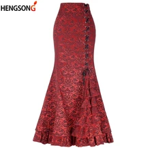 High Waist Lace Up Mermaid Skirt Slim Floral Print Long Bodycon Skirt Women Vintage Fishtail Skirt Autumn Ruffle Bandage Saia