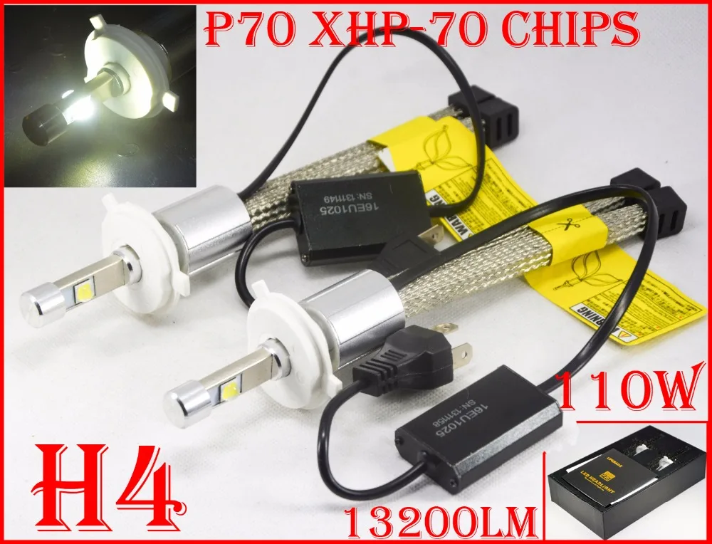 1 Set H4 HB2 9003 110W 13200LM P70 LED Headlight XHP 70 4LED Chip Fanless Super