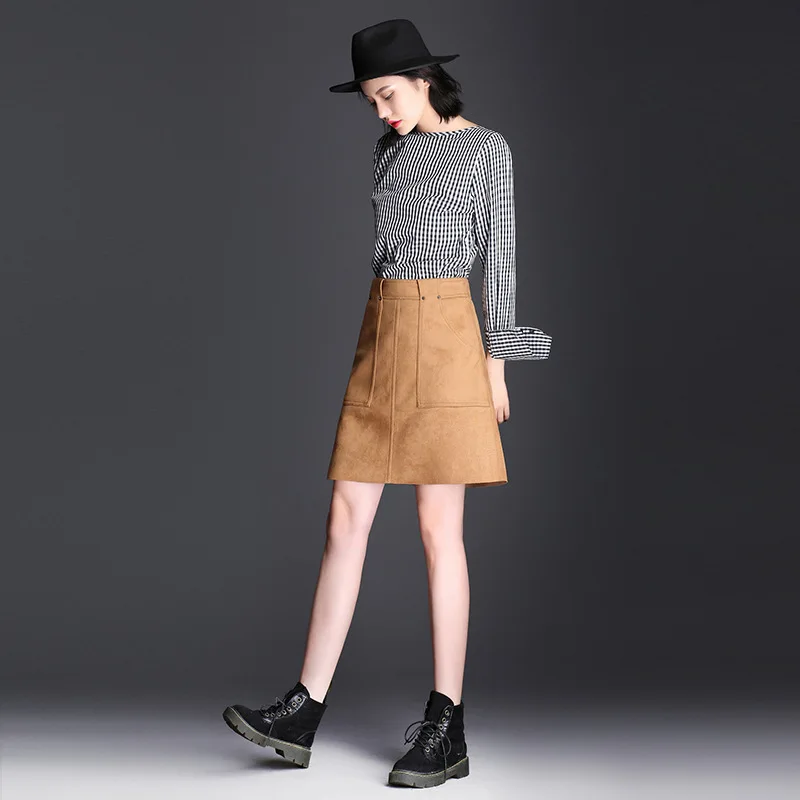 SWYIVY Knee High Half Skirt Woman Suede Faux Leather 2018 Autumn Winter Woman Skirts A Line High Waist Solid Color Lady OL Skirt