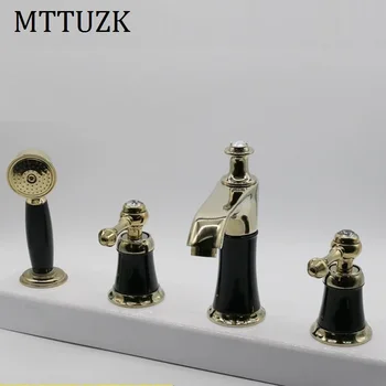 

Free Shipping Four Sets of bathrooms Ceramics Brass Faucet Double Knobs 4 Hole Deck Mounted Sink Faucet Hot Cold Mixer tap