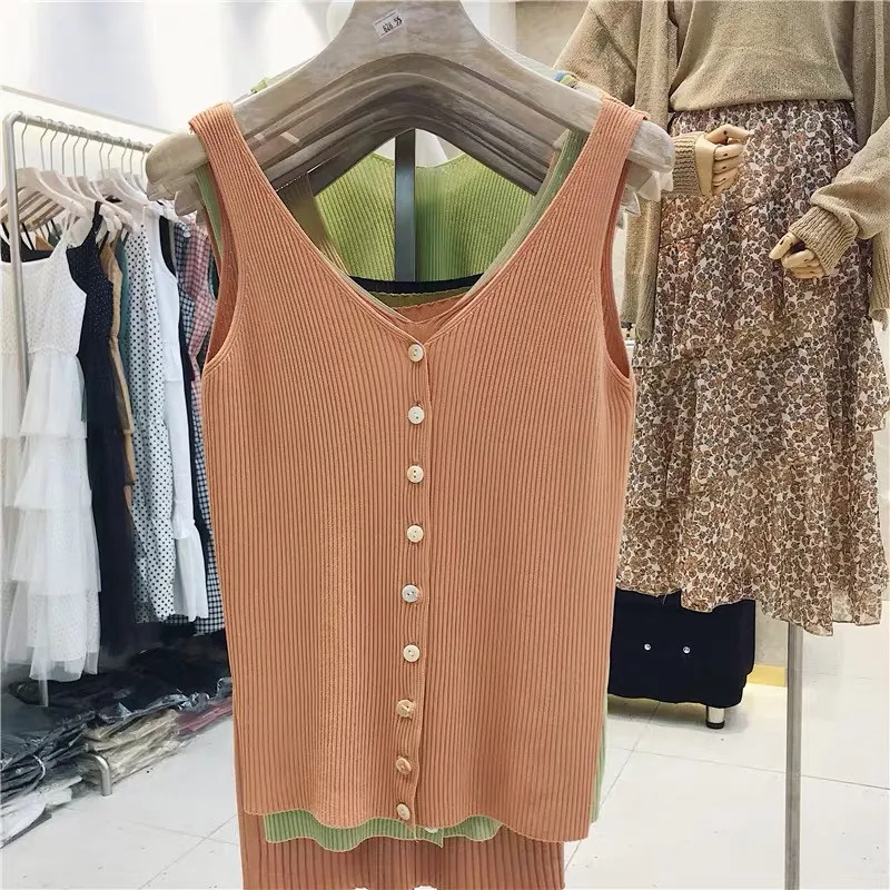 Fashion Button Knit Vest Women Top Camisole Female Solid Elastic knited Slim Sleeveless Tops Femme Summer Casual Camis New