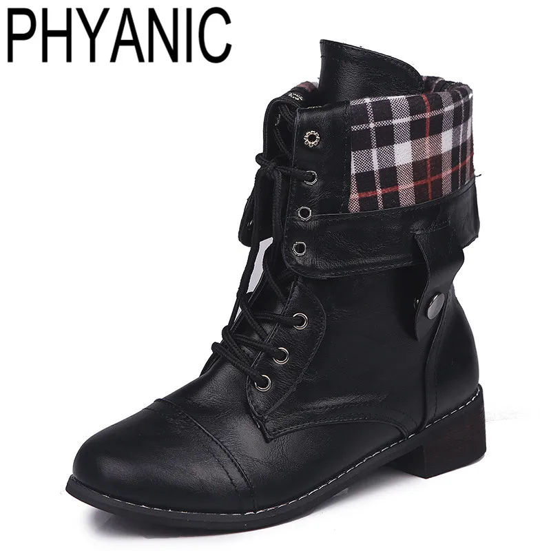 

PHYANIC Two Ways Of Wearing Boots Women 2018 Brand Fashion Flanging Plaid Martin Boots Women Winter Lace Up Boots Size 35-42