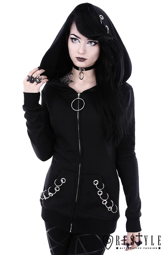 

Girls Gothic Casual Jacket Cosplay Hoodie Sweatshirt Coat with metal hoops Slim Steampunk outwear Big hood Zipper 5xl