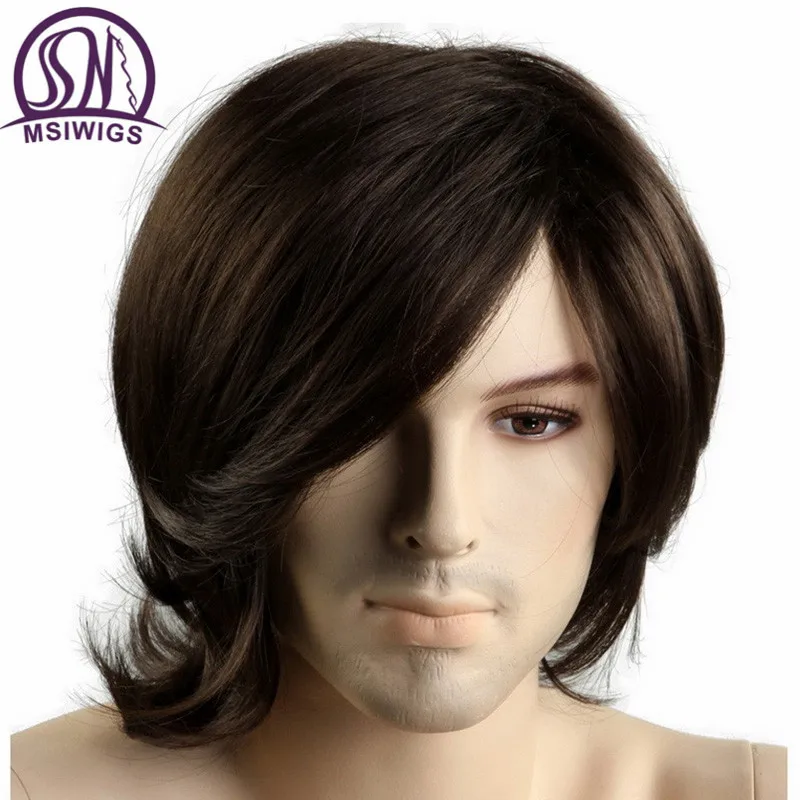 

MSIWIGS Short Synthetic Men Wigs Heat Resistant Fiber Brown Color Straight Male Wig with Free Hairnet