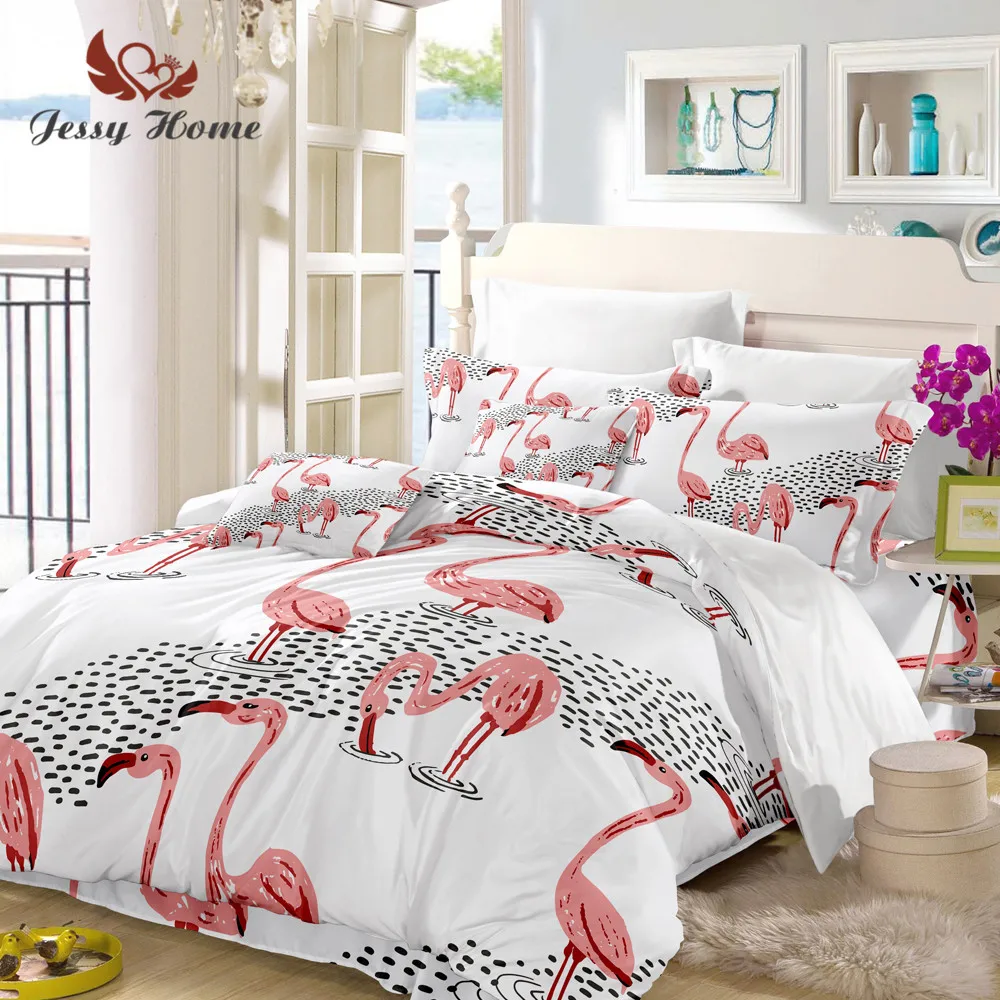 Flamingos Duvet Cover Set Queen King Size Animal Pattern Bedspread White Bedding Line Home
