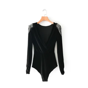 

Women sexy cross v neck velvet bodysuit shirt women shoulder beading chic siamese blouse retro playsuits femininas blusas DS1507