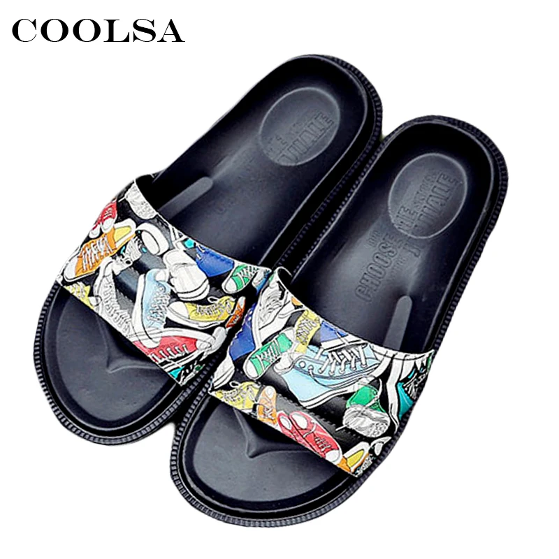 

Coolsa New Summer Women Slippers PU Print Sandals Soft Thicken Bottom Home Flip Flop Platform Female Casual Beach Graffiti Shoes