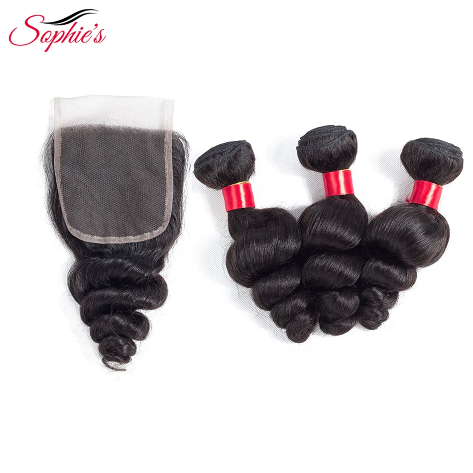 Софи свободная волна 3 Связки с закрытием бразильские Пряди человеческих волос для наращивания-Волосы Remy ткет естественный Цвет