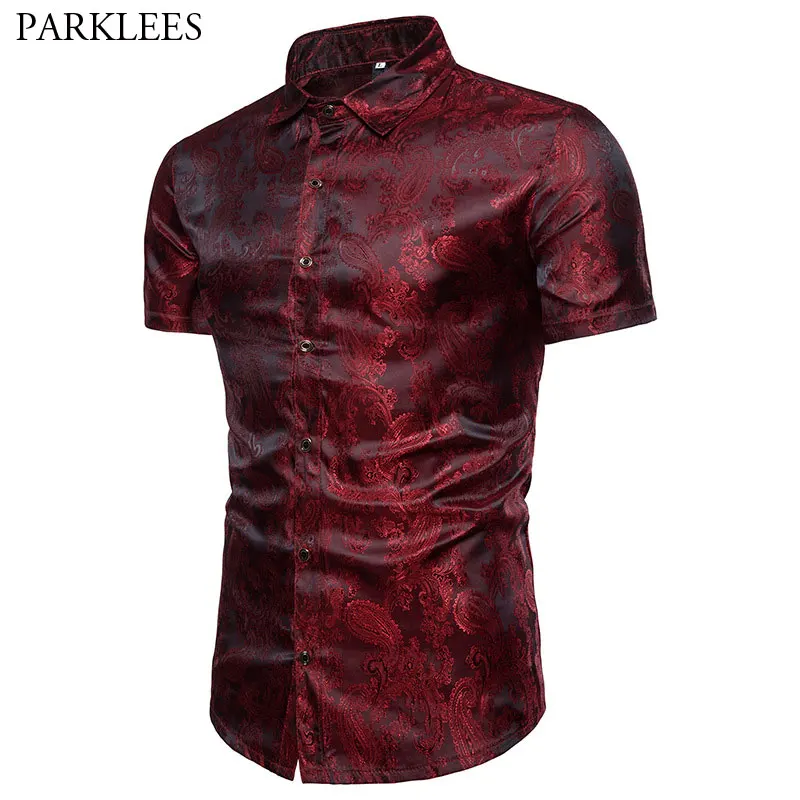Meilleur Hommes Hipster Paisley Floral Imprimé Slim Fit Chemise De Soie D été Marque D or Feuille Conception À Manches Courtes Robe Chemises Chemise Homme