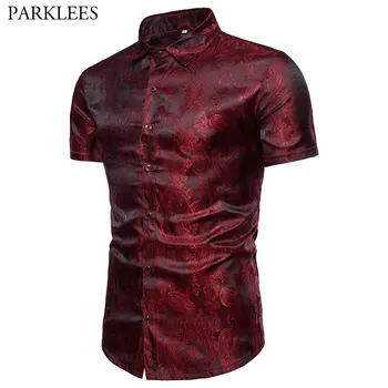 

Mens Hipster Paisley Floral Printed Slim Fit Silk Shirt Summer Brand Golden Foil Design Short Sleeve Dress Shirts Chemise Homme