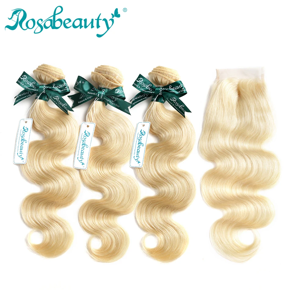 

Rosabeauty 613 Bundles With Closure Body Wave Blonde Bundles 4X4 Lace Closure with Baby Hair Remy Human Hair Weaving