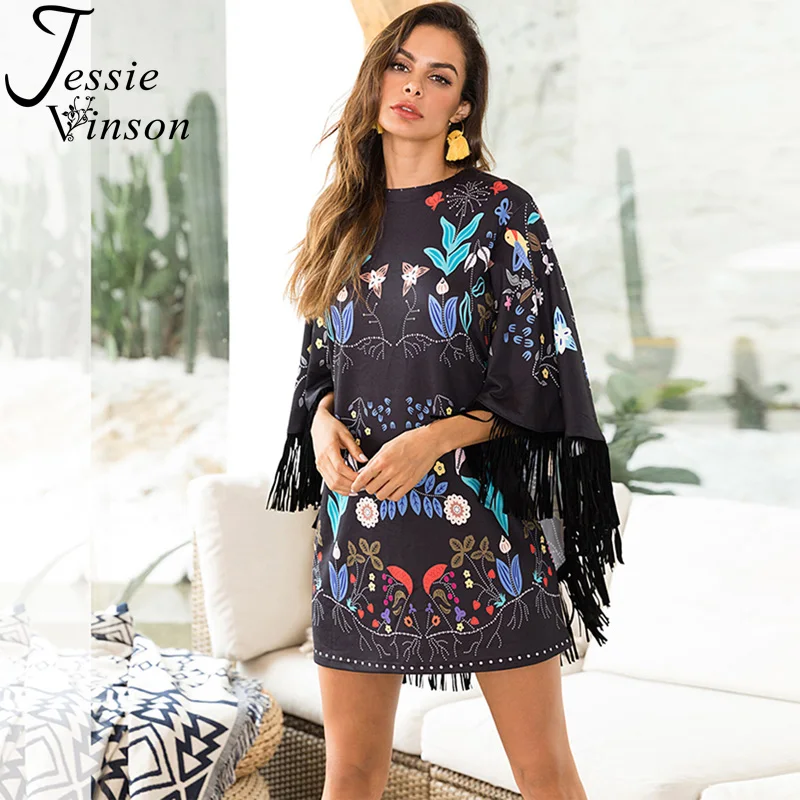 

Jessie Vinson Black Printed Tassels Cape Dress Women Elegant Short Dress Autumn Winter OL Cloak Dresses Mini Vintage Print Dress