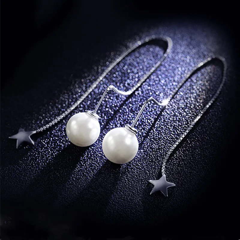 

New Elegant Imitation Pearl Earrings Ear Line for Women Wedding Punk Star Silver Color Long Tassel Dangle Bar Statement Jewelry