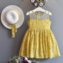 Летнее Модное шифоновое платье без рукавов с цветочным рисунком для маленьких девочек, платье принцессы с поясом, однотонное пляжное повседневное милое платье