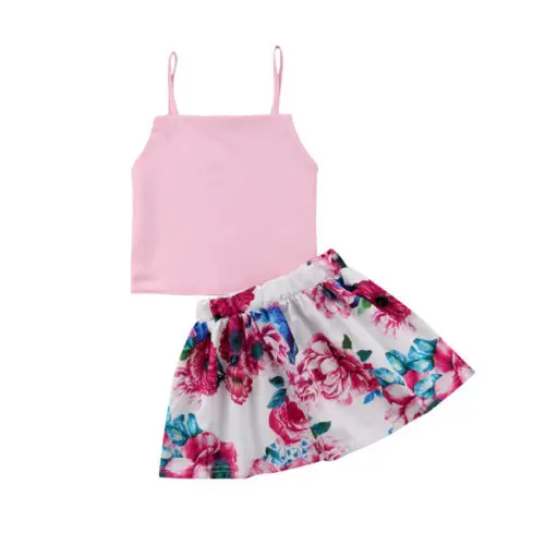 Newborn Baby Girl Straps Pink Crop Top T shirt Outfits +Flower Skirts
