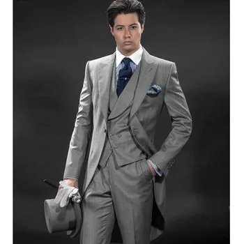 

Custom Made Classic Tailcoat Men Suit Set For Wedding Prom Groom Tuxedos Gray (Jacket+Pants+Vest) Gentleman Mens Suits Slim Fit