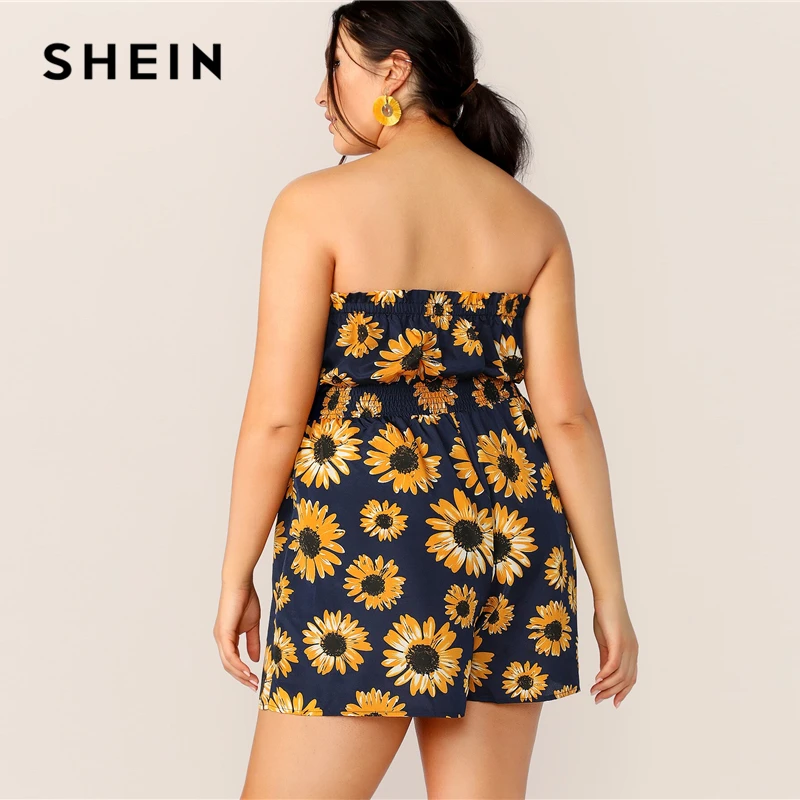 SHEIN плюс комбинезон с принтом подсолнуха гофрированная Талия без рукавов
