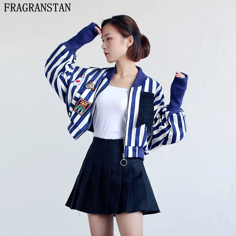 

2018 Women Spring Autumn New Patch Designs Outerwear Female BF Harajuku Stripe Coat Loose Plus Size Zipper Short Jacket LY590