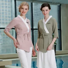 Весна-Осень, розовый спа комбинезон с рукавом три четверти, европейская форма, элегантный топ+ штаны, Массажная рабочая одежда