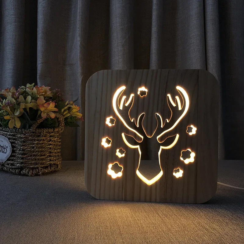 

HZFCEW Christmas Deer Head Modeling Novelty Ideas 3D Illusion Night Light Wood Lamp Gifts For Kids Baby Birthday Bed Room Lights