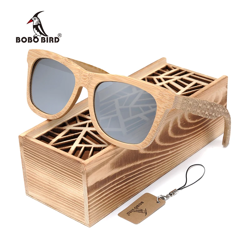 

BOBO BIRD Okulary Bamboo Sunglasses With Silver Polarized Lens Men Women Glasses Pattern Engraved