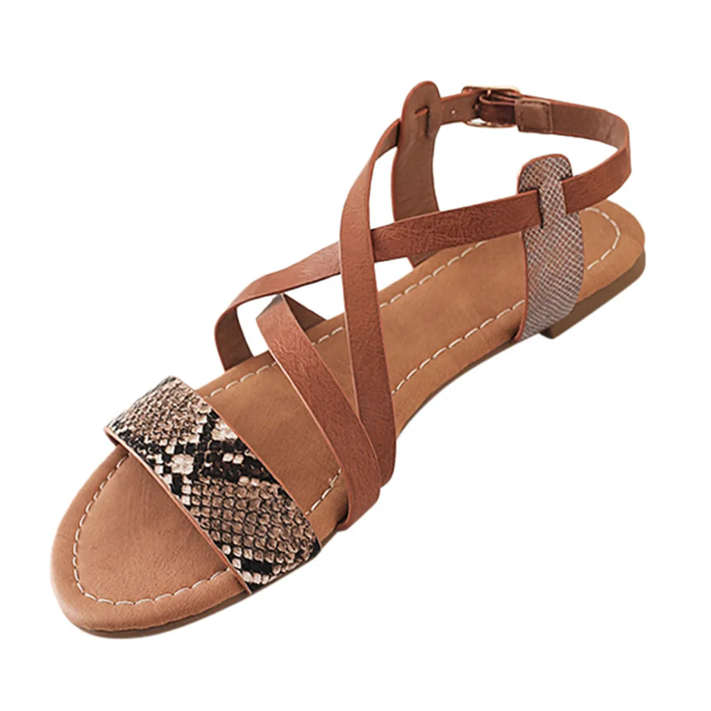 

CHAMSGEND Women's Thin Belt sexy snake pattern open toe flat buckle Roman sandals casual fashion seaside holiday beach shoes