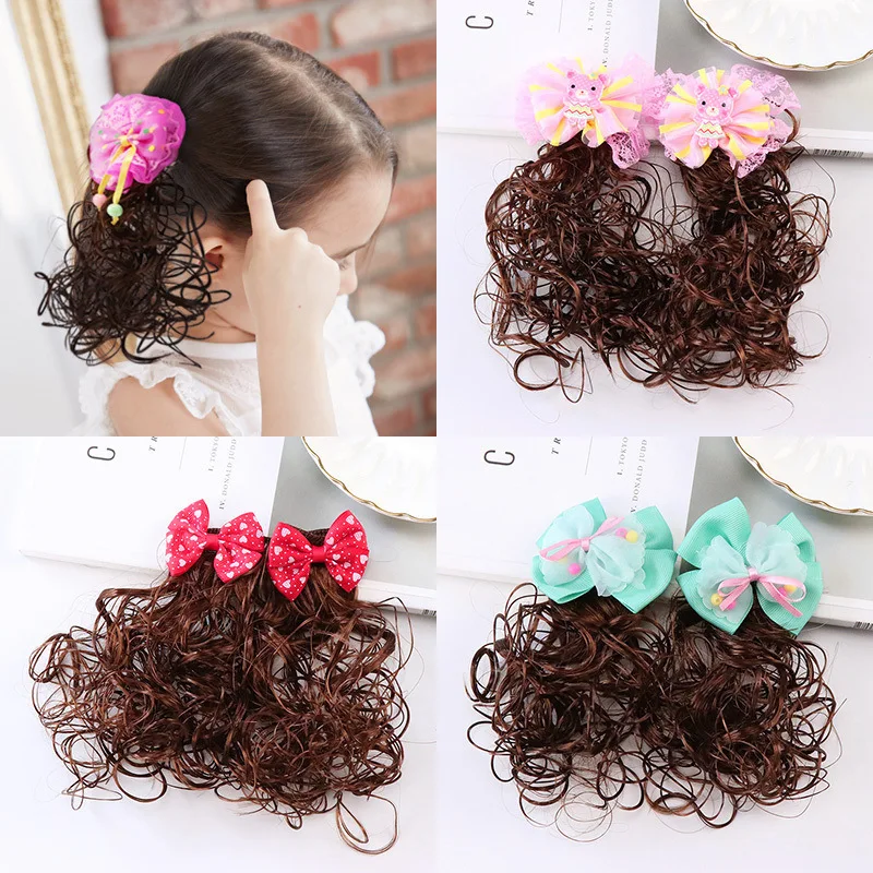 1 pair baby Hair clip with Bow Wavy curls Kids Girls Princess Braid Wig