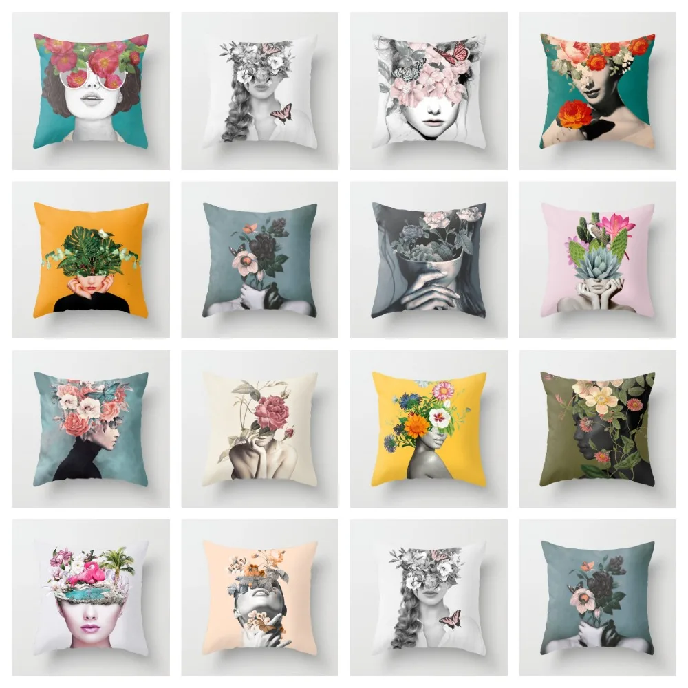 

ZENGIA Modern Art Style Modern Woman Head Flower Printing Cushion Cover Office/Home Pillow Cover Sofa/Chair Waist Pillowcase