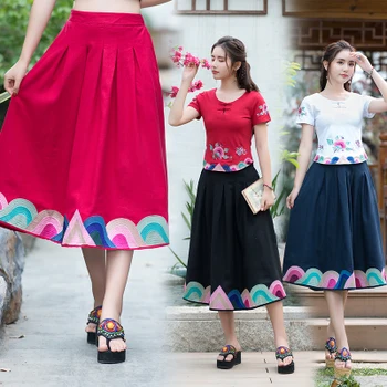 

faldas mujer moda 2020 SKIRTS WOMENS autumn spring Mexico style ethnic boho long dark blue black red midi skirt
