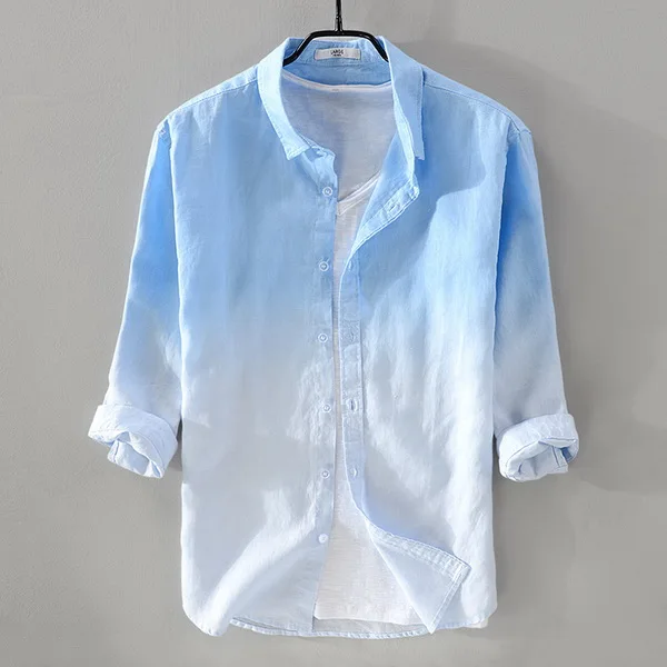 Новая летняя Мужская льняная рубашка, Мужская брендовая рубашка с рукавом три четверти, мужские синие градиентные рубашки, мужская повседневная рубашка, Прямая поставка - Цвет: Square collar