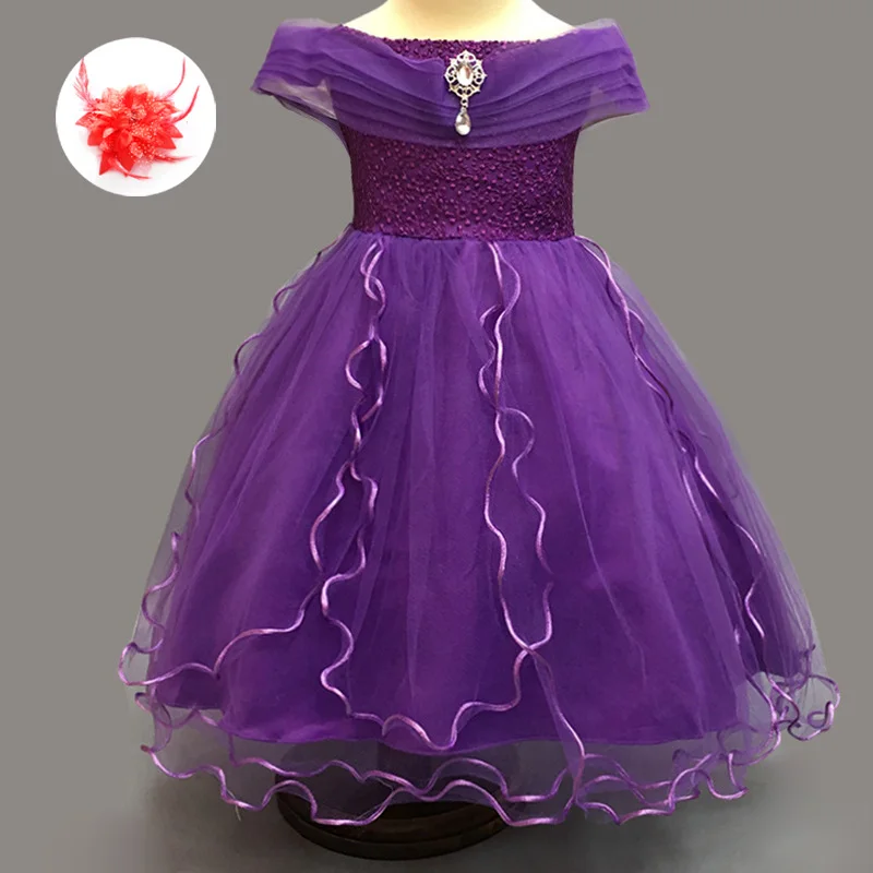 

Children's Girls Shoulder Off 2t To 10t Clothing Princess Prom Wedding Clothes Blue White Baby Girl Purple Party Dress Kids
