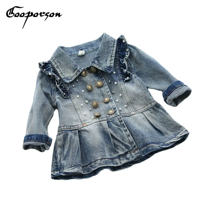 Baby girls jeans jacket long sleeve spring outerwear coat jeans girl bow pearl fashion coat kids jacket children wear