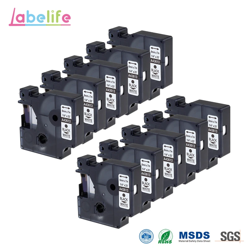 

Labelife tape 10 Pack 43613 6mm Black on white Labelling tape Compatible DYMO Label Printers S0720780 Tape 6 mm X 7m
