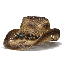 Ретро для женщин и мужчин, открытая краска для выпечки, ковбойская летняя соломенная ковбойская шляпа от солнца, бирюзовая подвеска, деревянная бусина, один размер 58 см