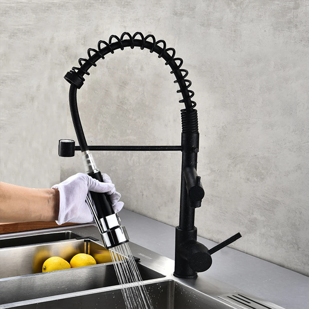 

360 Degree Rotation Kitchen Sink Faucet Chrome Spring Pull Down Taps Dual Sprayer Swivel Spout Mixer Taps Hot Cold 2 Outlet HWC